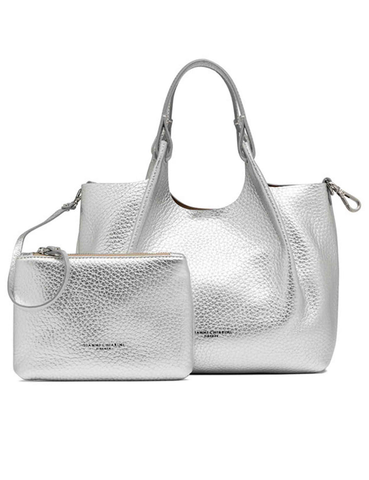 Borse donna Dua in pelle laminata argento con doppi manici e tracolla BS9719 RNGDBL T.U. 14369 Gianni Chiarini 