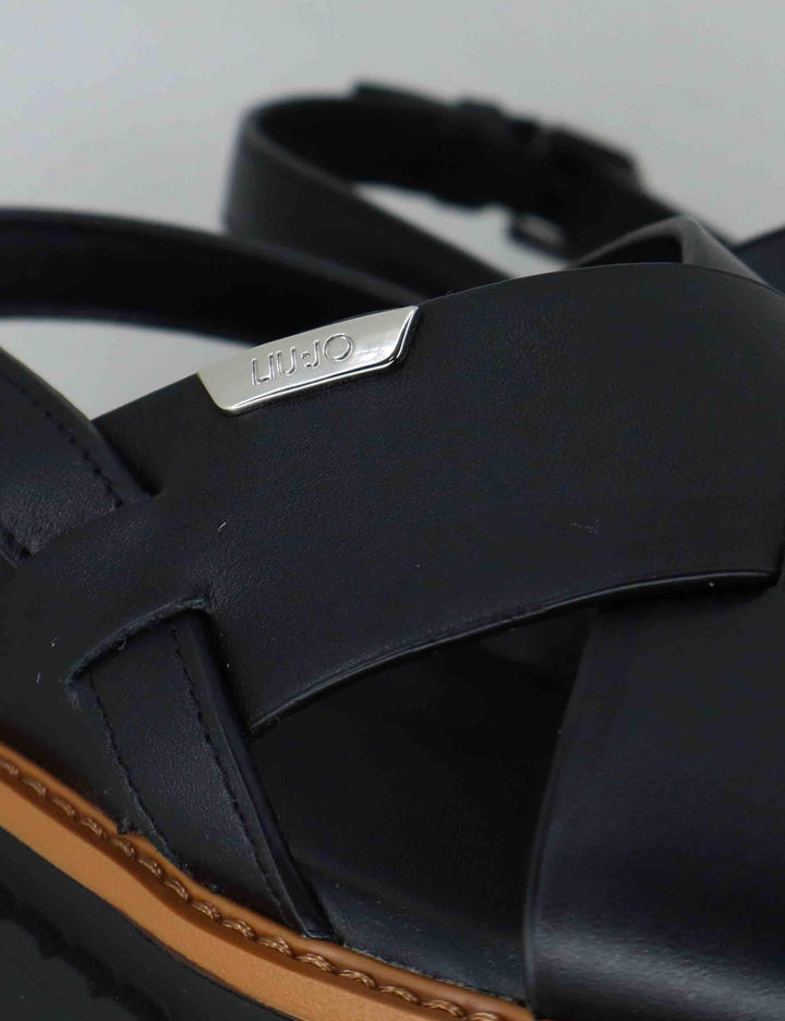 Sandali donna in pelle nera a doppio incorcio e zeppa in gomma BESSIE 02 BLACK Liu-Jo 