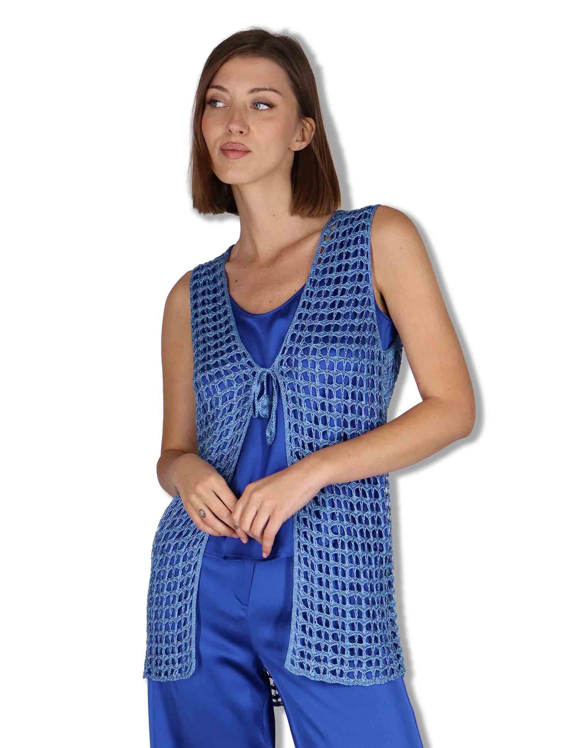 Gilet donna Metallic Lurex in cotone blu e argento con nappine JE113078213 96009 Maliparmi 