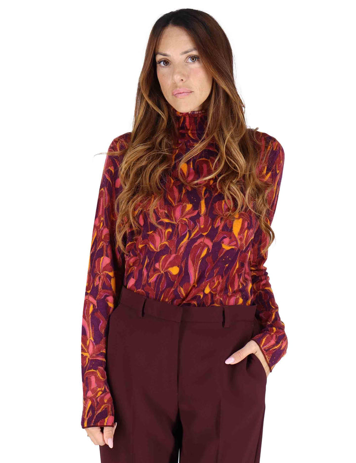 Maglioni donna Printed Knit in lana stampata bordeaux con collo alto JQ510478200 A3359 Maliparmi 