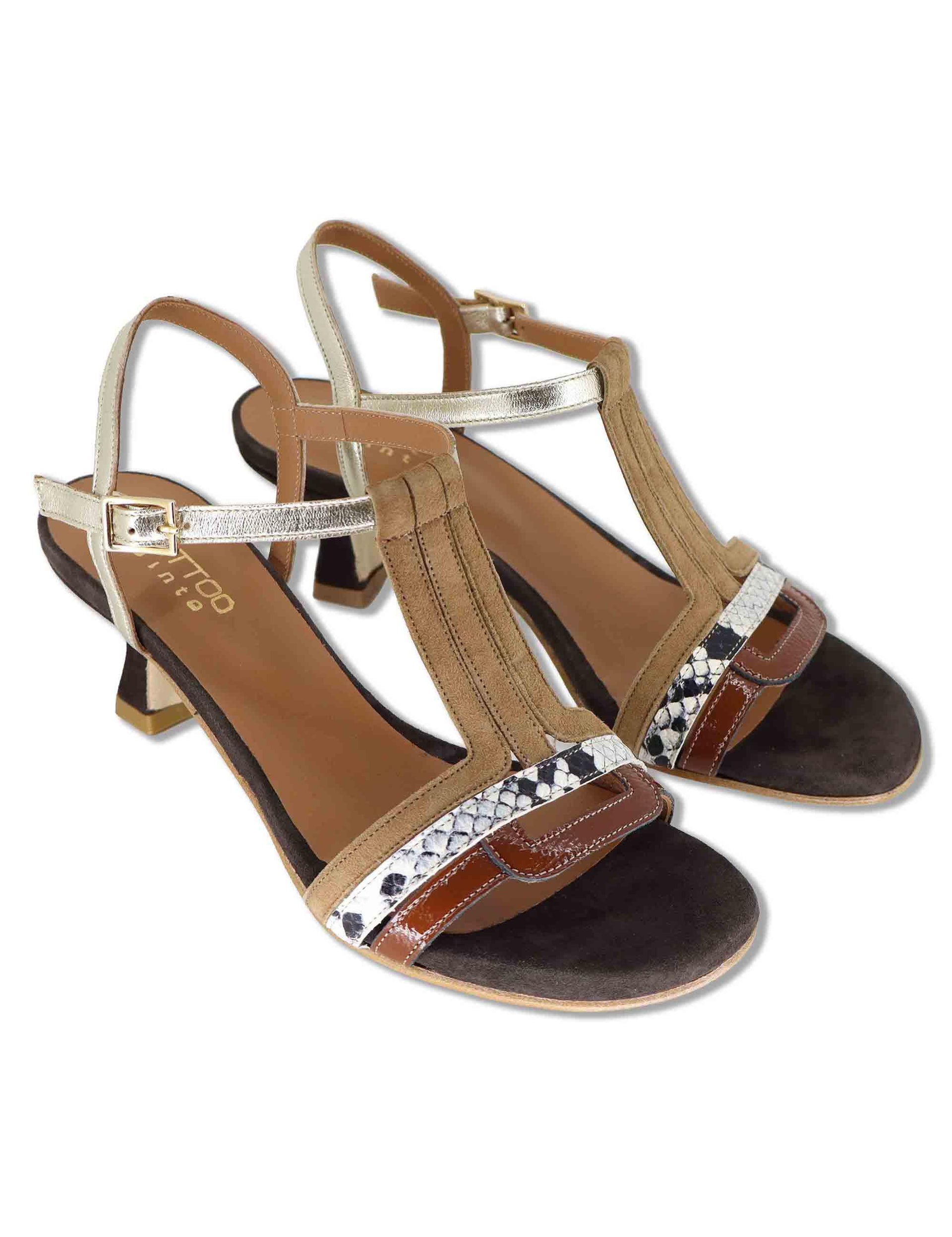 Sandali donna in camoscio marrone e pelle oro con cinturino alla caviglia 1026 006 Tattoo 