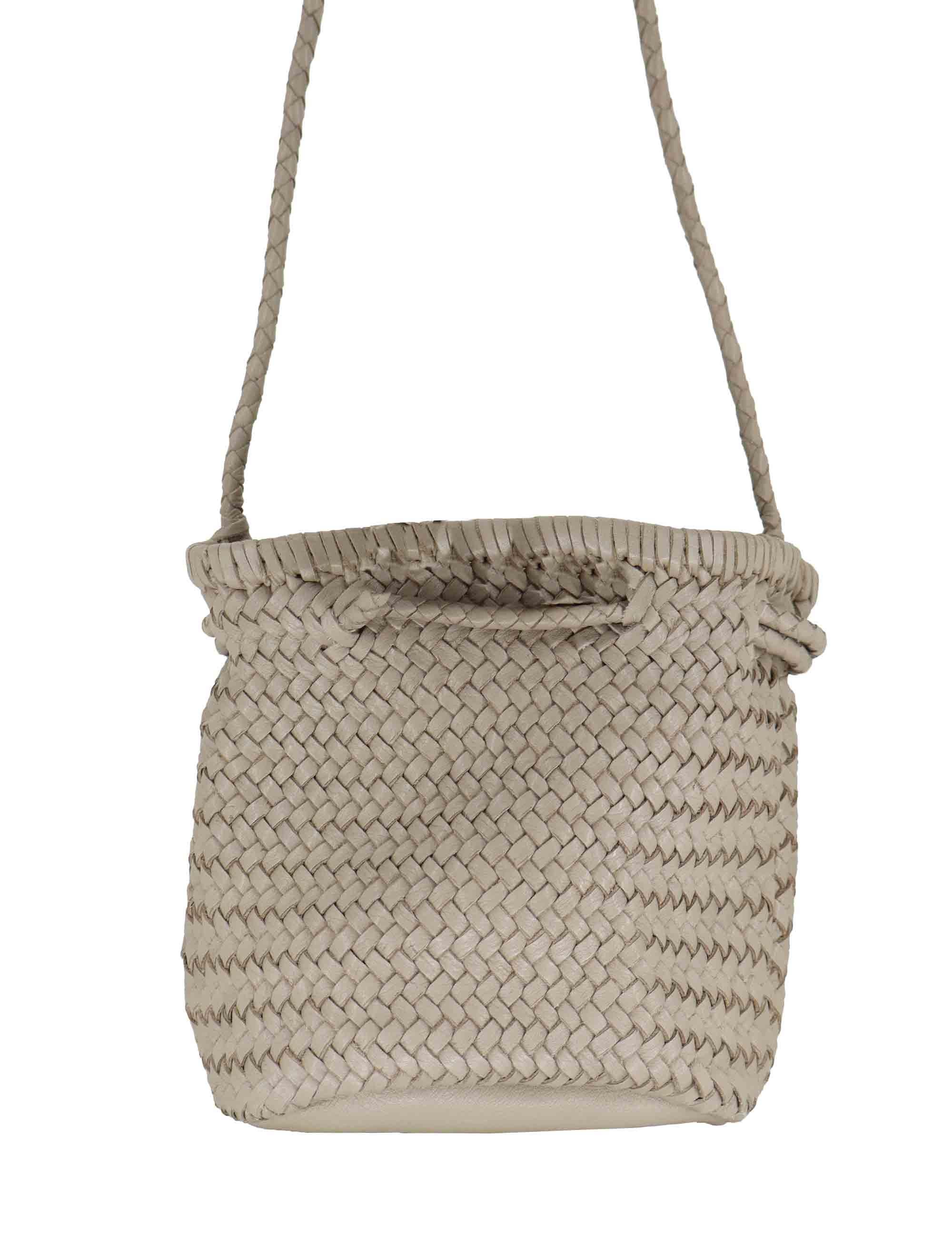 Borse donna a secchiello in pelle intrecciata sabbia con tracolla e chiusura coulisse RBS1105 052 Rehard 
