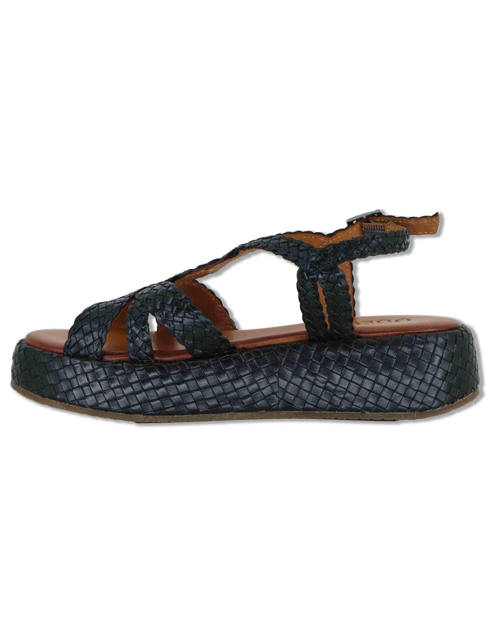 Sandali donna in pelle intrecciata nera con cinturino e zeppa media WD511R03 500007 Vueva 