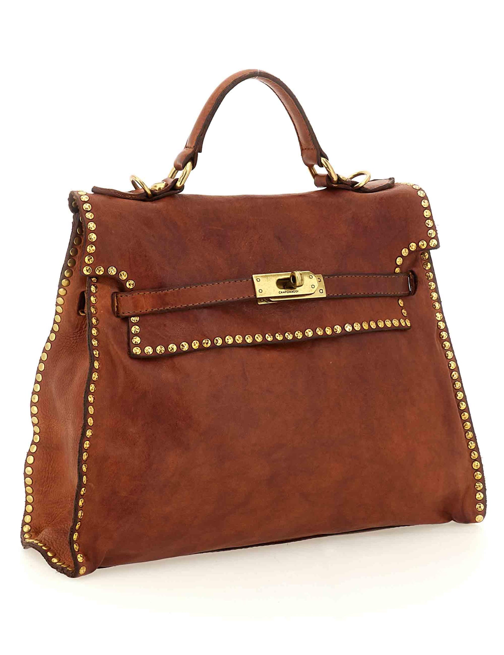 Borse donna Ginevra in pelle cuoio con borchie oro e tracolla removibile C043940ND X0007 C1502 Campomaggi 