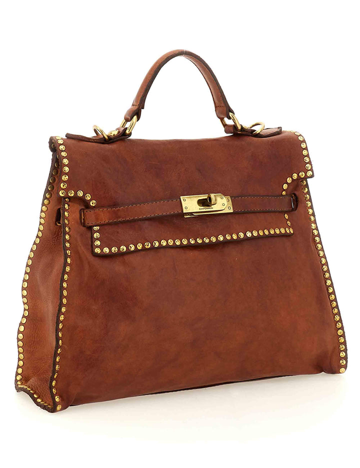 Borse donna Ginevra in pelle cuoio con borchie oro e tracolla removibile C043940ND X0007 C1502 Campomaggi 