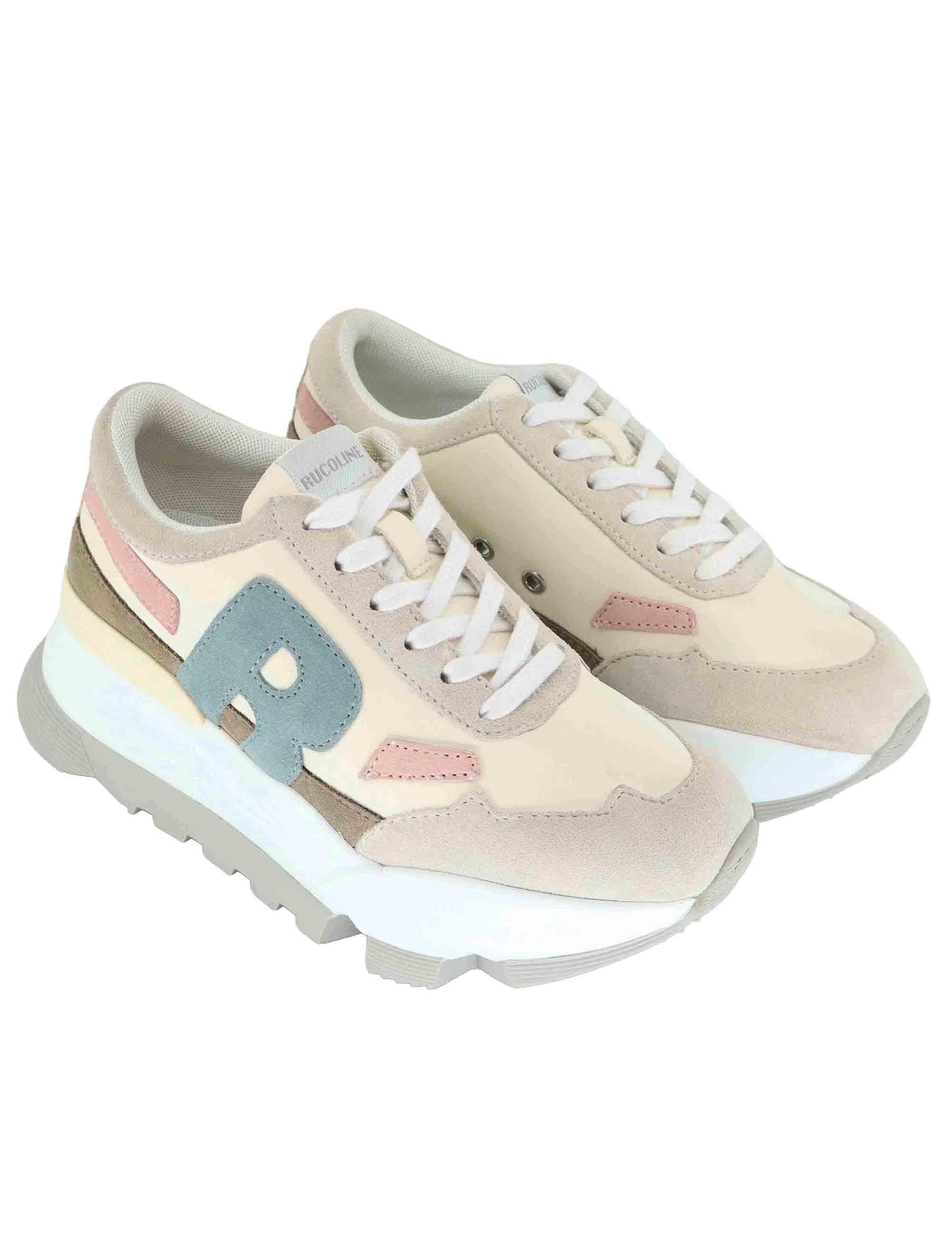 Sneakers donna in pelle e tessuto beige con zeppa alta in gomma 0304-84567 3 Ruco Line 