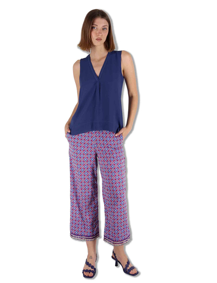 Top donna Fluid Crepe in seta blu senza maniche maniche scollo a V JP554050672 80043 Maliparmi 