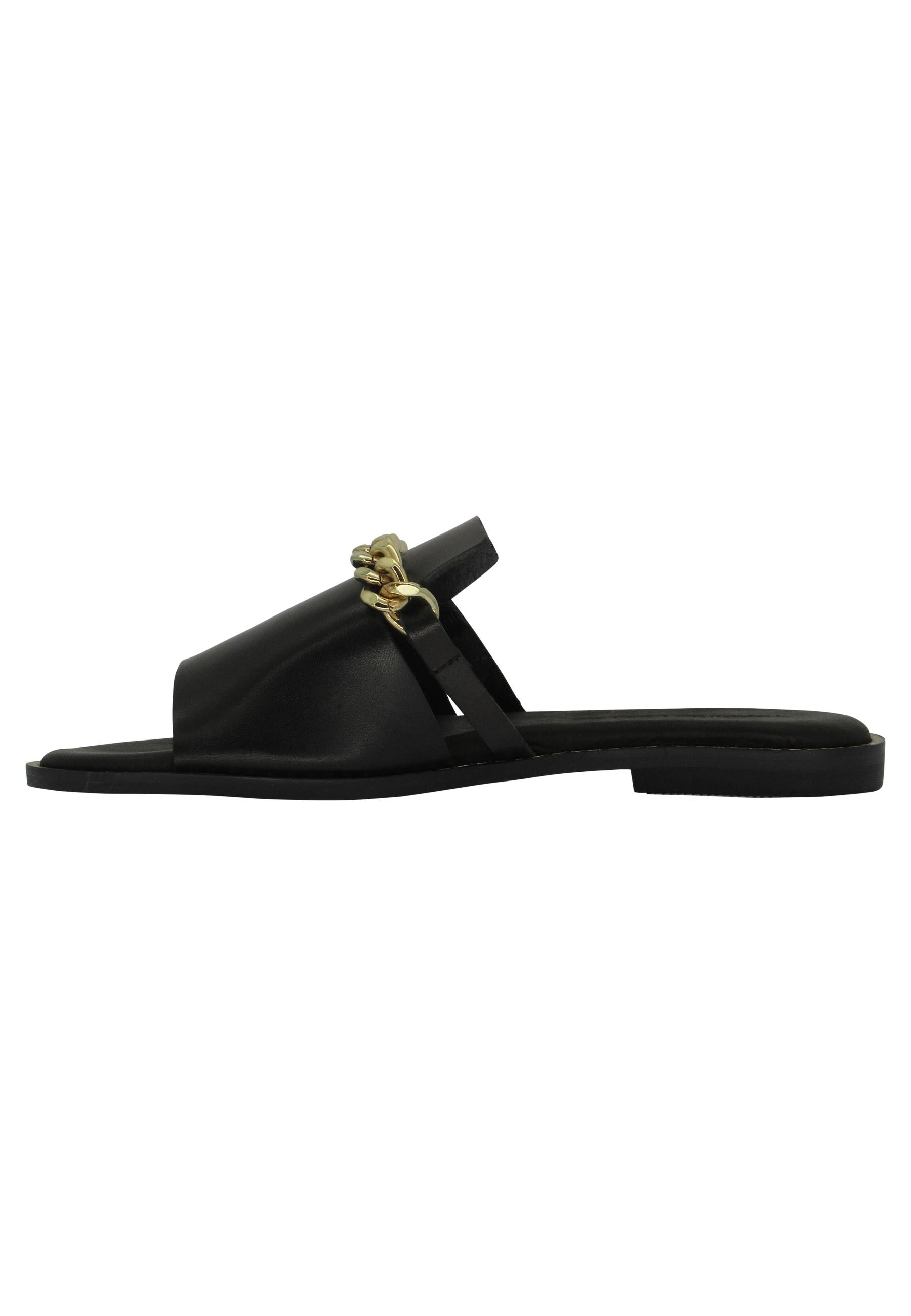 Sandali flat donna in pelle nera con catena oro 610 001 Tsakiris Mallas 