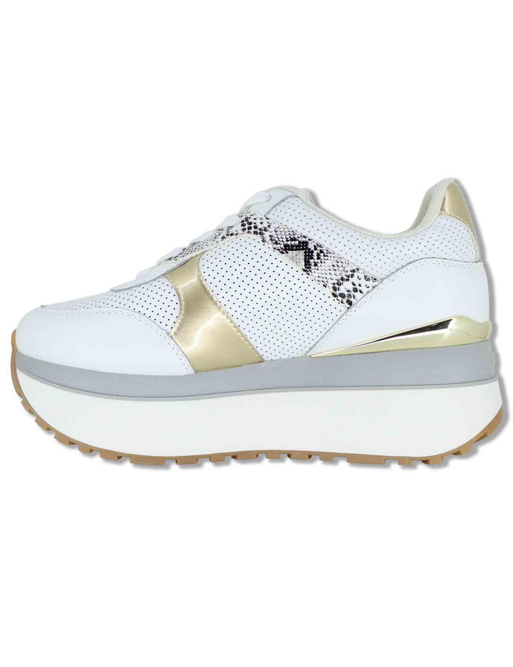 Sneakers donna in pelle bianca con riporti in contrasto  e suola alta 5cm MAXI WONDER 02 BIS GOLD Liu-Jo 